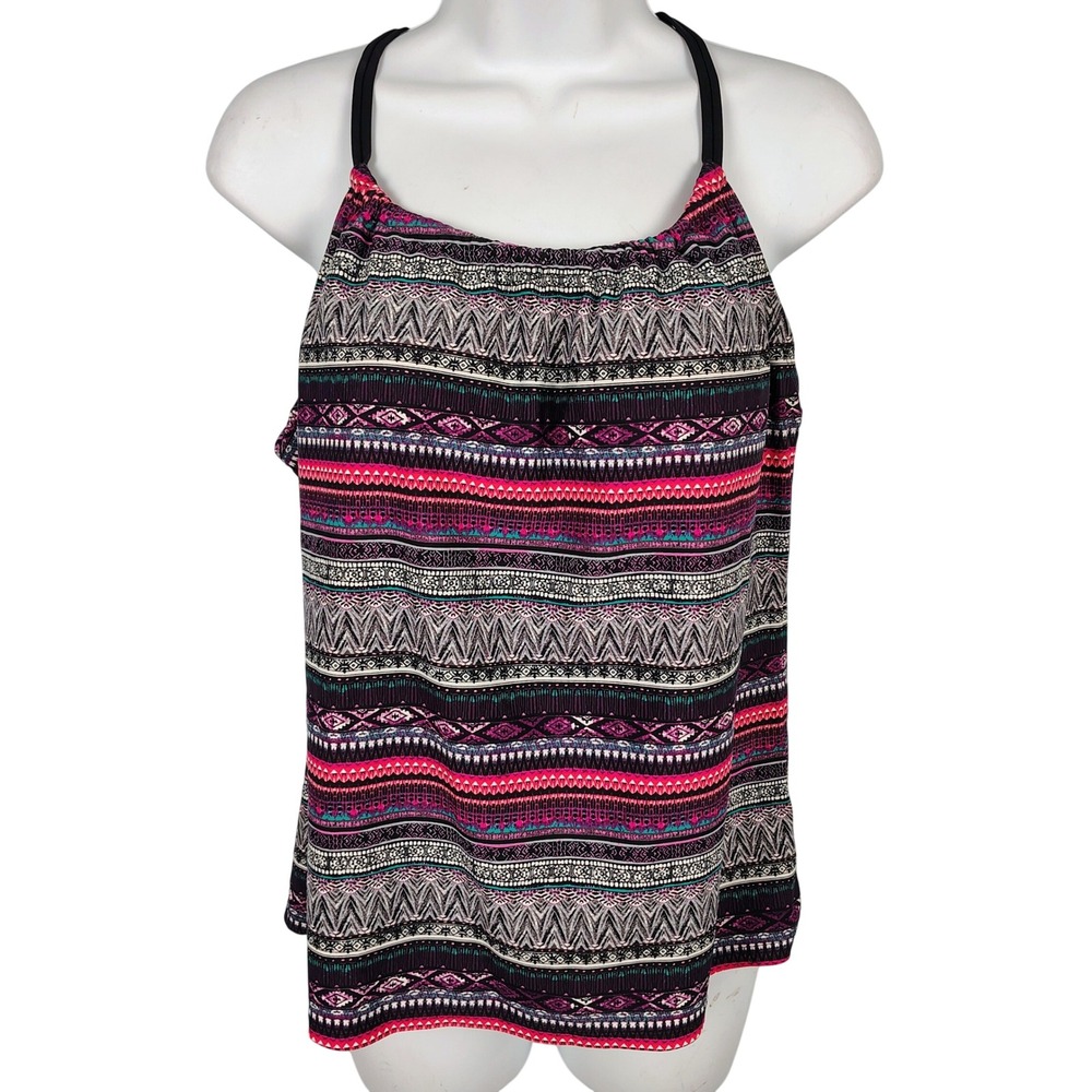 Kona Sol Womens SZ M Tankini Top Pink Purple Tribal Geometric Boho Beachwear